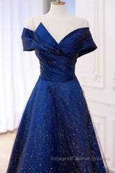 Off the Shoulder Blue Long Semi Formal Prom Dresses, Off Shoulder Long Formal Evening Dresses